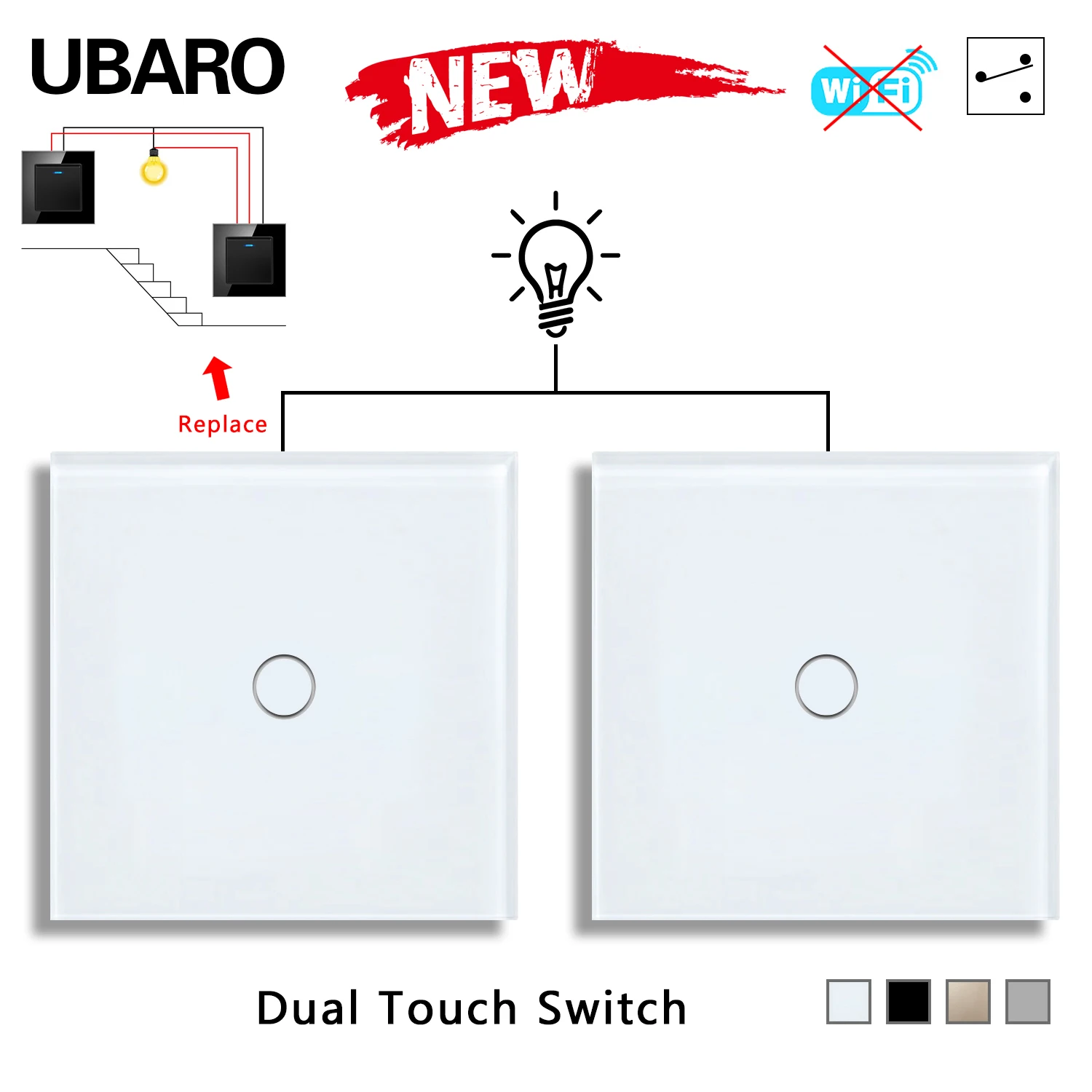 Ubaro-duplo Toque Stair Switch Painel de Vidro Temperado Switches Sensor Quarto Cruz Não há Necessidade Wi-fi 1gang 2way ue Reino Unido 86×86 mm