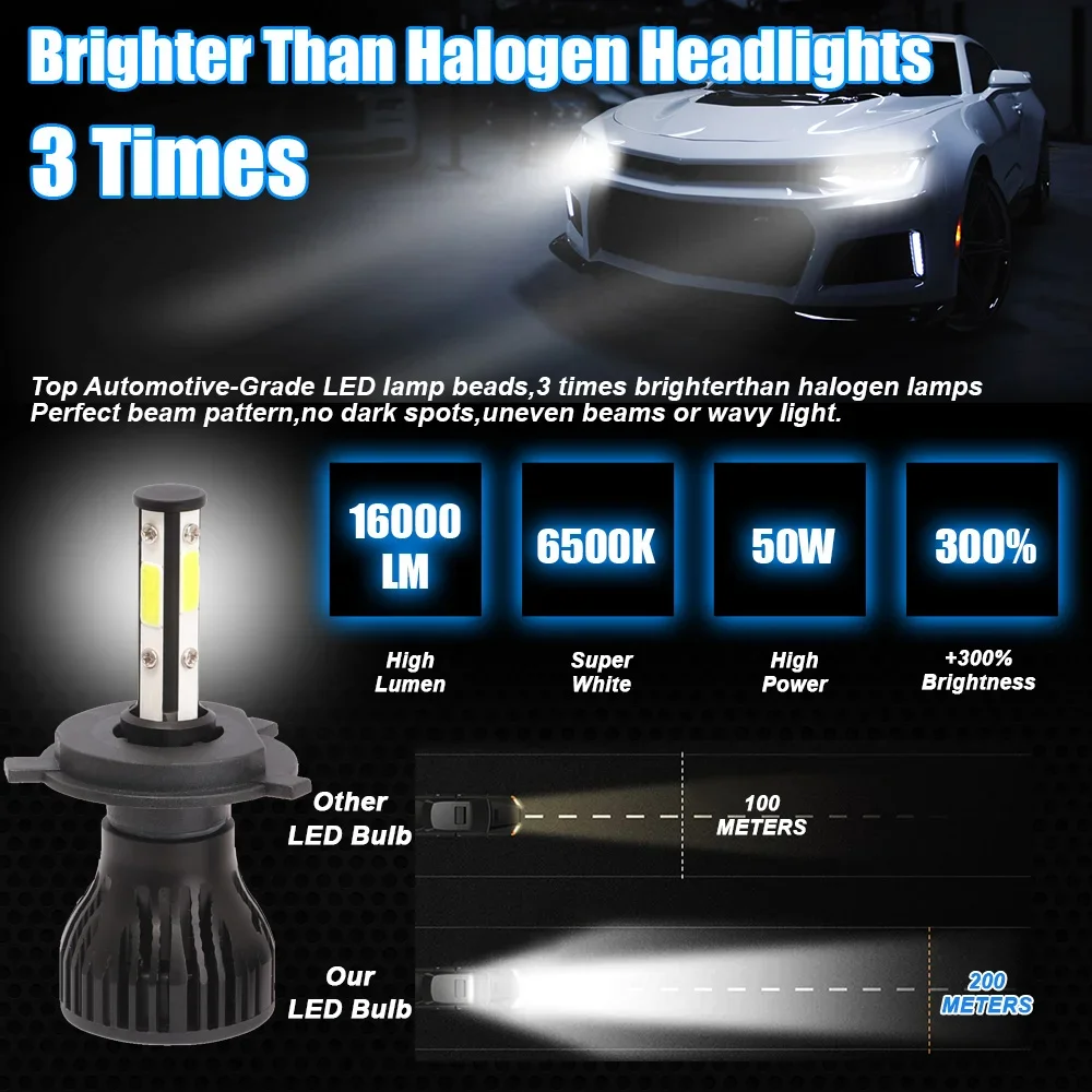 2PCS New 4 Sides LED 6500K H11 H4 H7 H9 H8 9004 9005 9006 9007 4 COB Car LED Headlight Bulbs Auto Led HB3 HB4 HB5 Headlamps 12V