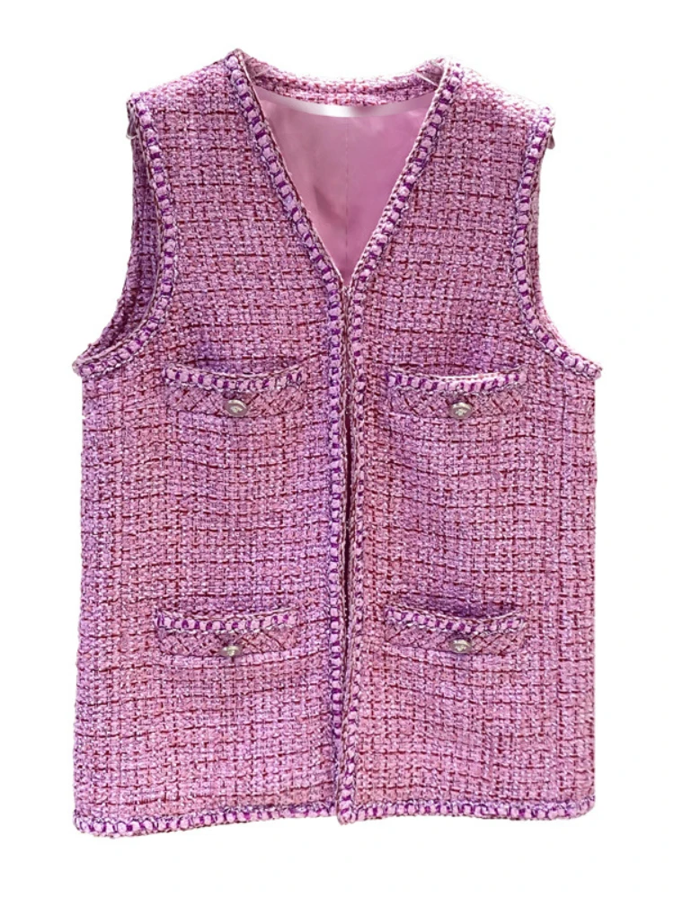 

Purple Wool Vest Women 2022 Autumn Winter Luxury Brand Tweed Jackets Coats V-neck Single Breasted Chamarras Para Mujer