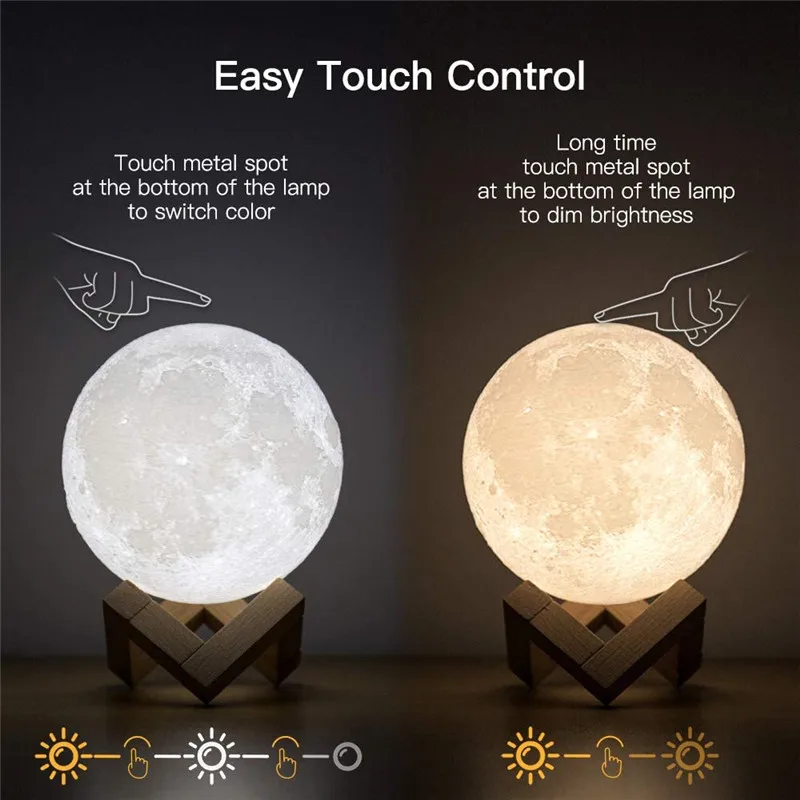 3 Color Rechargeable 3D Print Moon Lamp Touch Moon Lamp LED Night Light Children's Night Lamp Bedroom Decoration Birthday Gifts 4