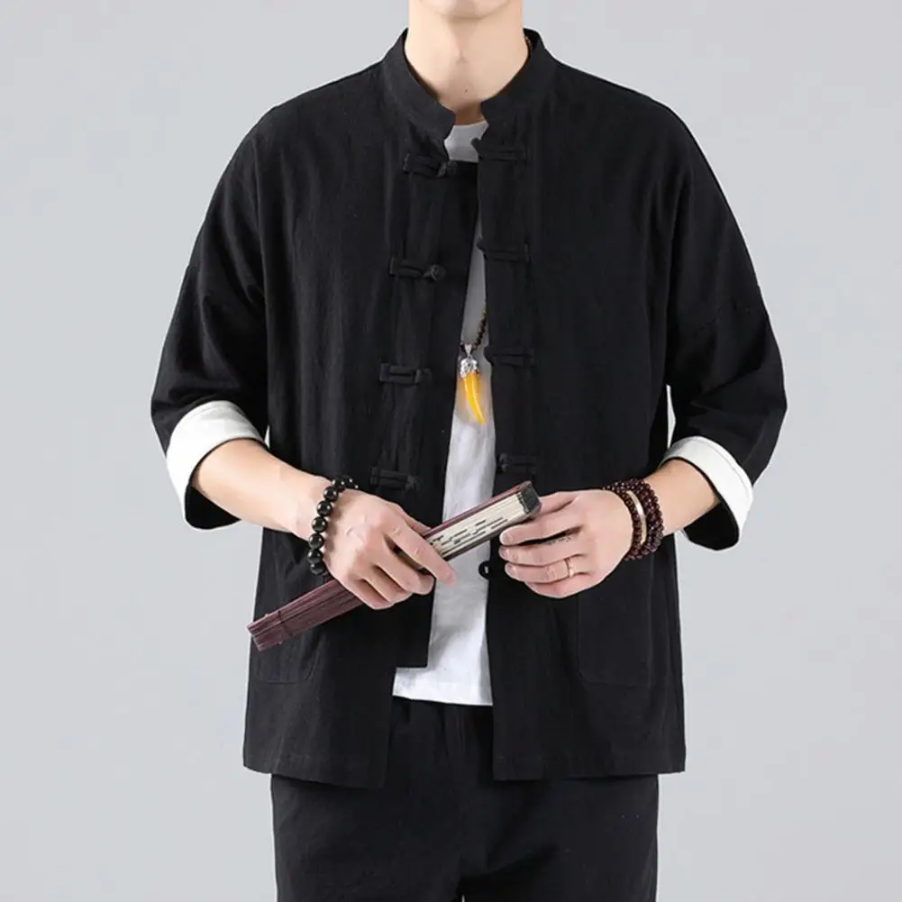 Casual Wear Top Vintage Chinese Style Men's Shirt with Knot Buttons Stand Collar Three Quarter Sleeves Plus Size Tang for Casual