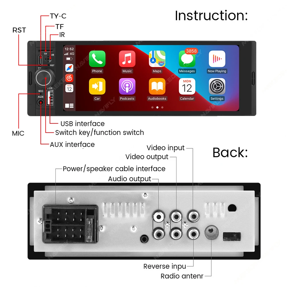 Car Radio Player 1Din Wireless CarPlay Android AUTO HD touch screen Universal 6.86'' FM Stereo MP5 multimedia player BT TF port Camera