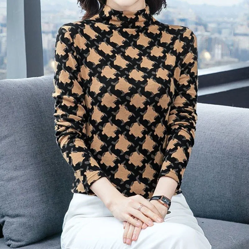 

Fashion Elegant Half High Collar Printed Tops Women's Clothing 2022 Autumn Winter Warm Female Korean Vintage Long Sleeve T-shirt