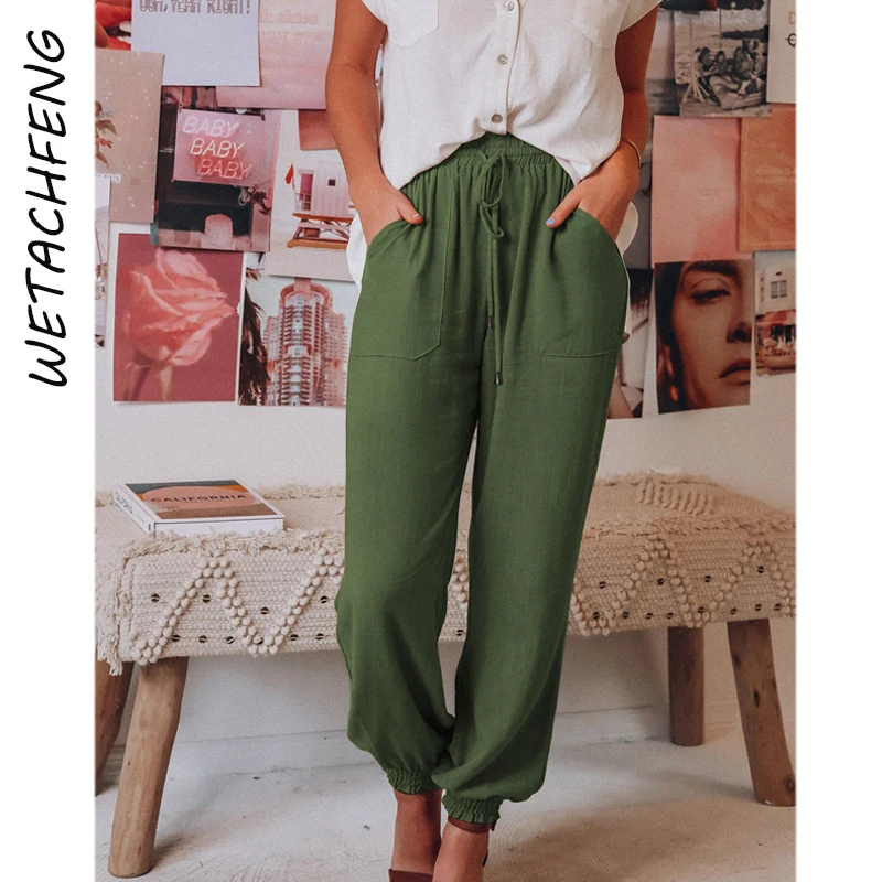 

Fashion Solid Cotton Women Harem Pants Drawstring High Waist Pleated Dance Pants Summer Beach Casual Loose Full Trousers Clothes