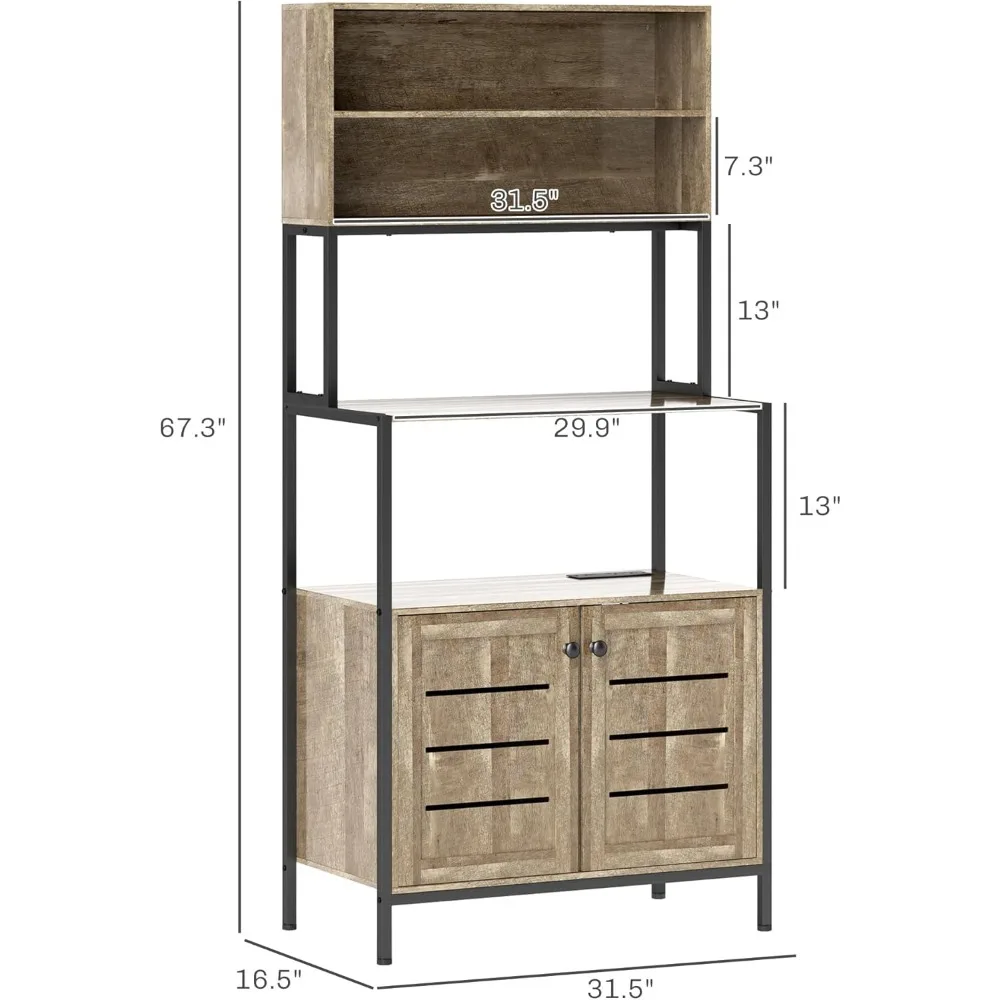 Kitchen Bakers Rack with Power Outlet, Coffee Bar Cabinet with Storage Shelves, Microwave Stand Louvred Door Cabinets
