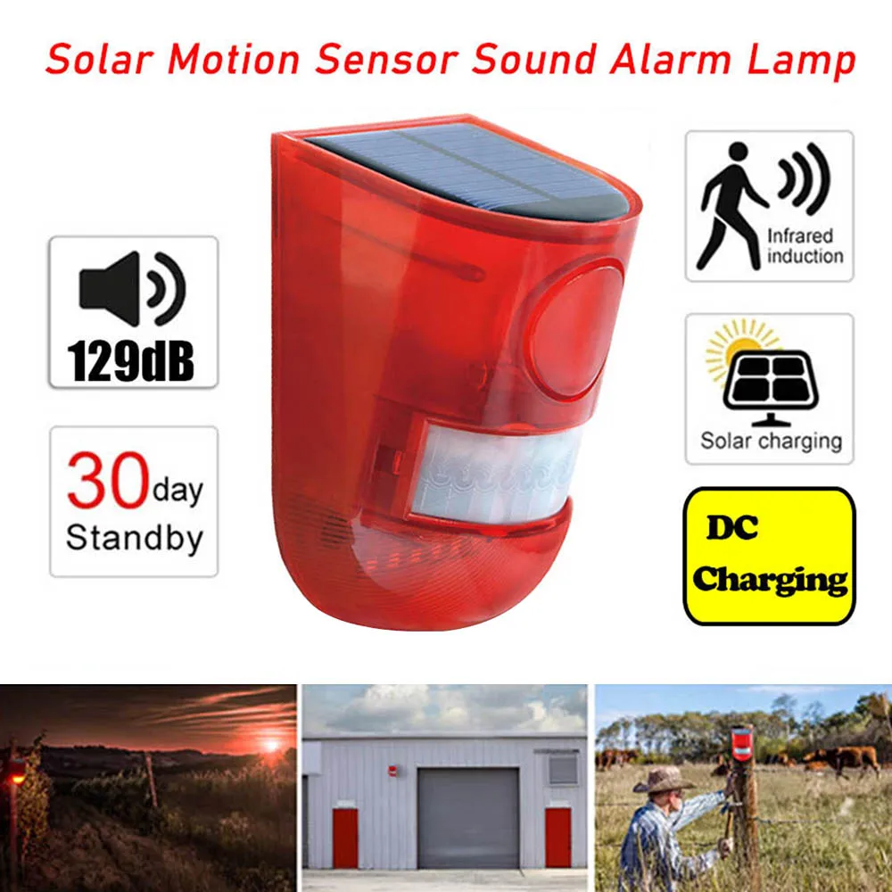 1Pcs Solar Infrared Motion Sensor Alarm With 110db Siren Strobe Light For Home Garden Garage Shed Caravan Security Alarm System