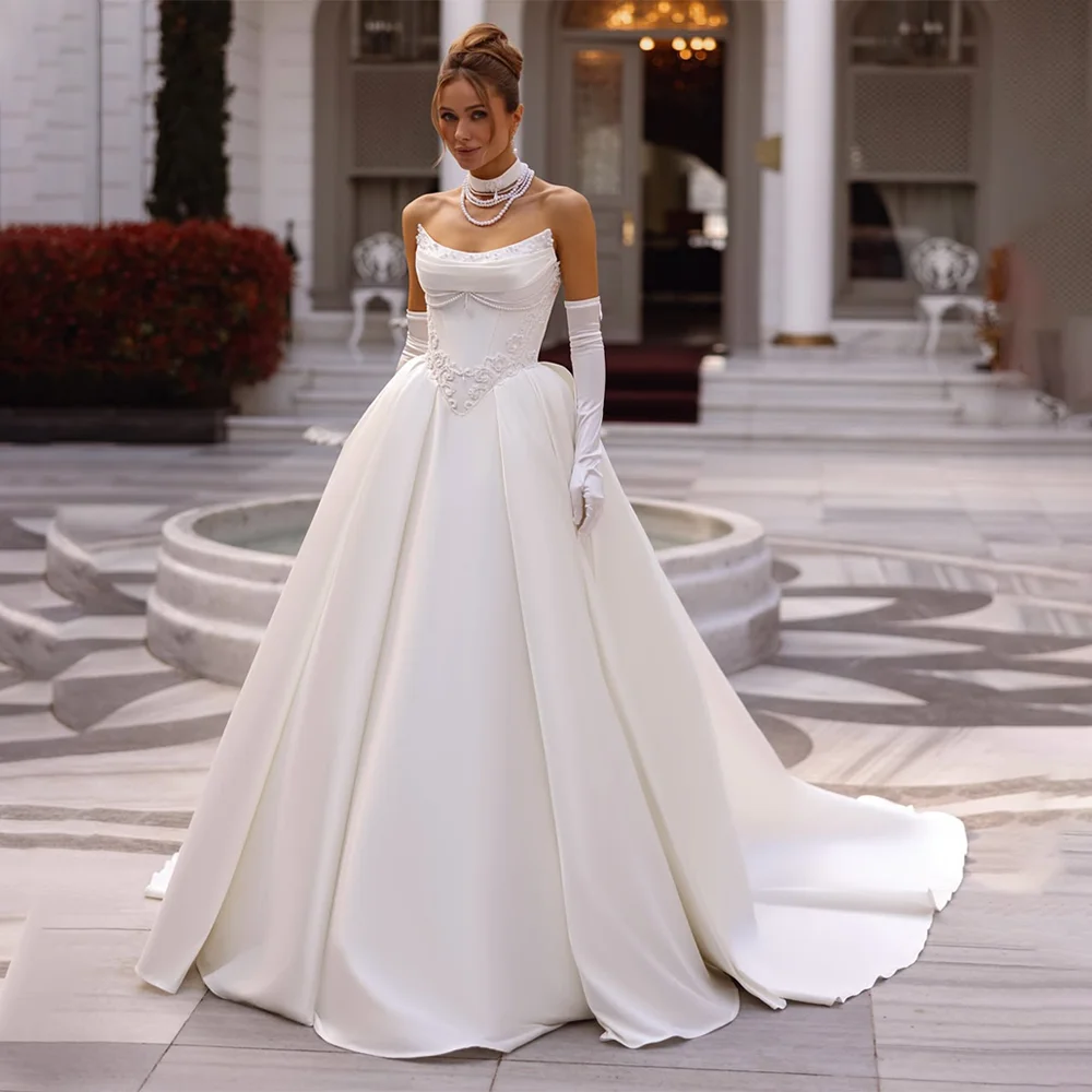 Robe de mariée trapèze en Satin, sans bretelles, avec des Appliques en dentelle, Corset au dos, robe de mariée de soirée, taille et couleur personnalisables