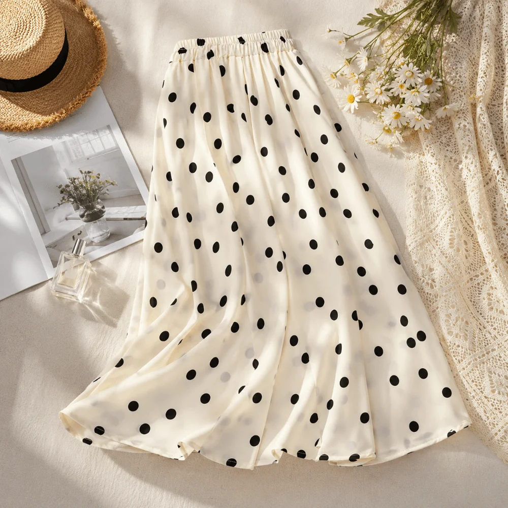 Temperament Elastic Waist Polka Dot Skirt Splicing Design Pleated A-Line Skirt Slim Fit Summer Half-length Dress Vacation