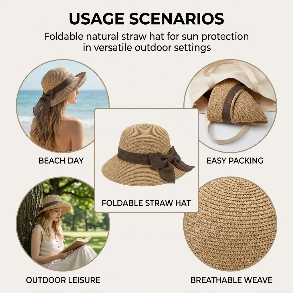 Women Foldable Straw Hat Elegant Bow Wide Brim Beach Sun Hat_voghion.com
