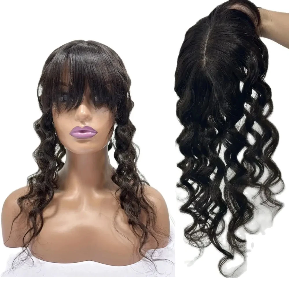 

Clip in Human Hair Topper with Bangs Wavy Virgin European Human Hair Fringe Skin Scalp Silk Base Hairpiece for Women Toupee