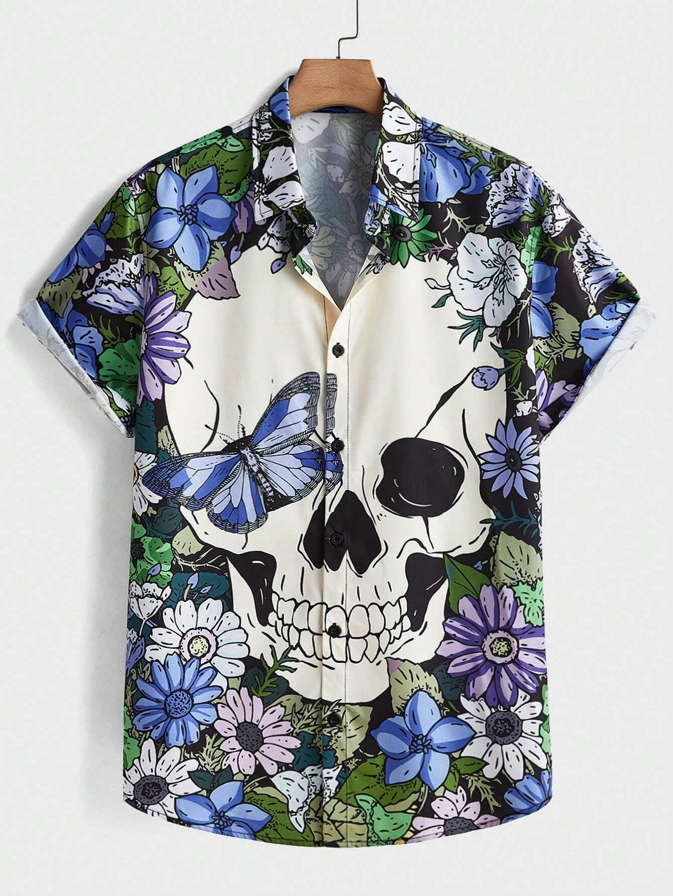 

Hawaiian personalized skull floral print men's and women's short-sleeved shirts seaside lapel button-down shirt tops