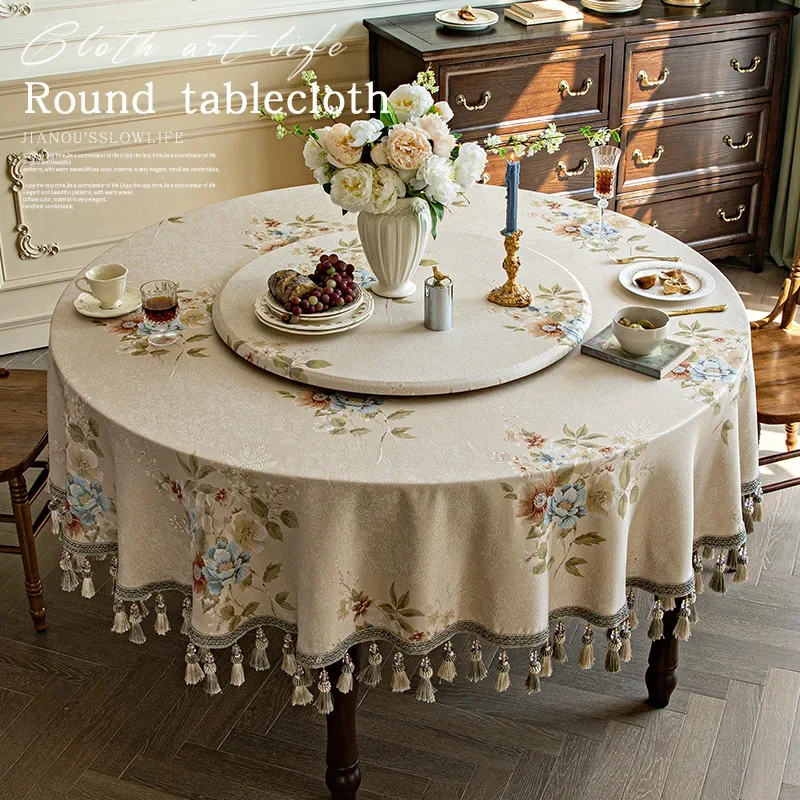 

2022 New Round Table Cloth Feel Round Fabric Dining Table Cover Fabric Tassels