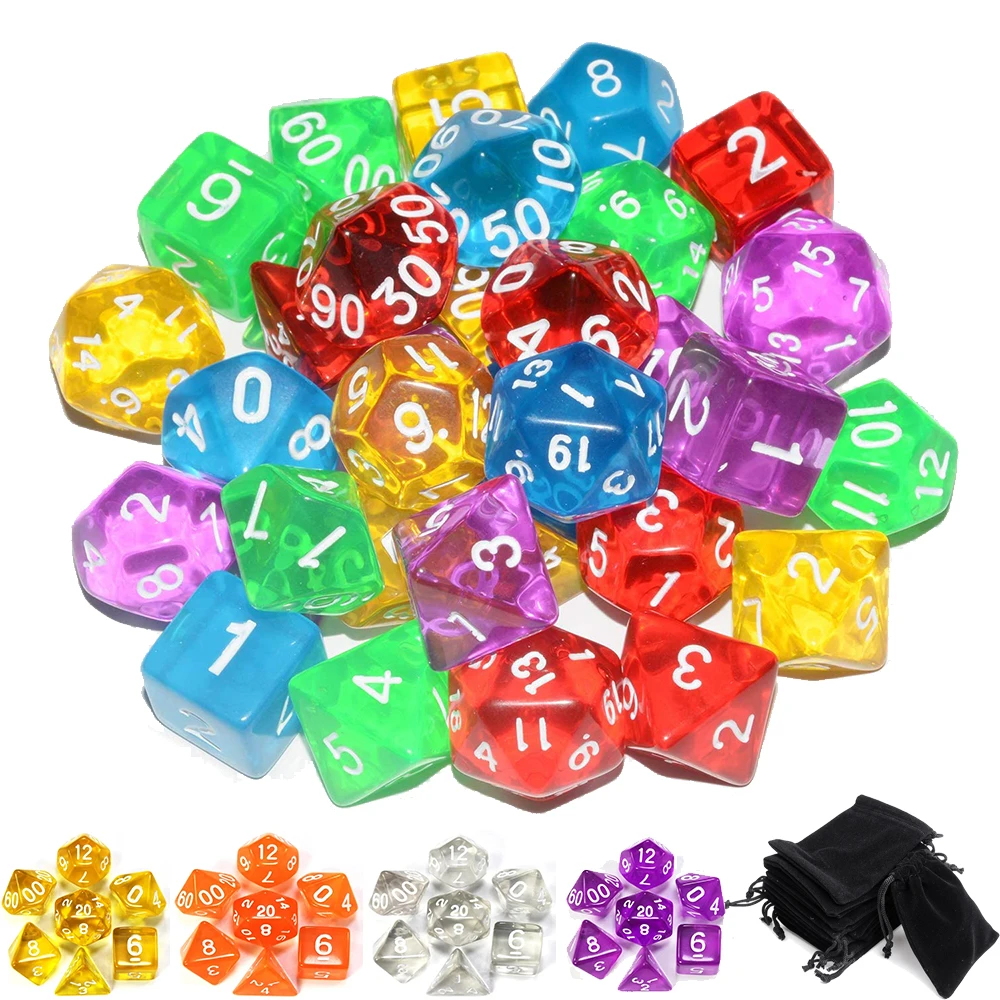 

7Pcs/Set DND Dice Transparent Polyhedral Effect D6 Multi-Side Dice for Role Playing Table Games RPG Board Game with Pouch