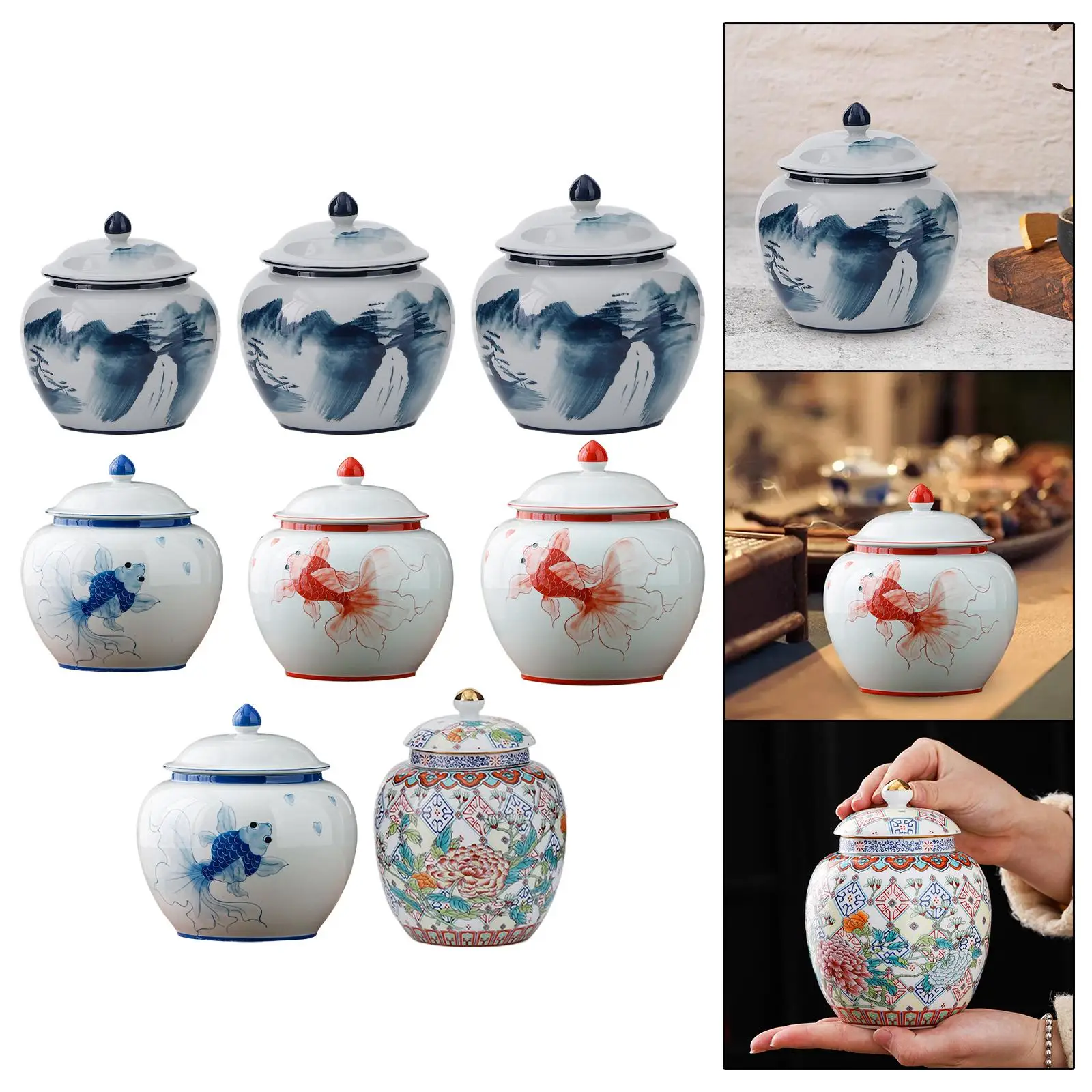 도자기 생강 항아리 사원 항아리 장식 꽃병, 뚜껑 포함, 다목적 동양