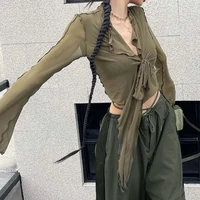 Long Flare Sleeve Blouses for Women Lace-up Mesh Sexy Sweet Hot Girls Korean Fashion Style All-match Solid Design Elegant Casual - Image 3