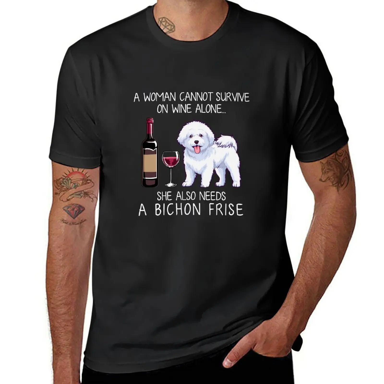 

Bichon Frise and wine Funny dog T-Shirt blacks graphics T-shirts for men cotton