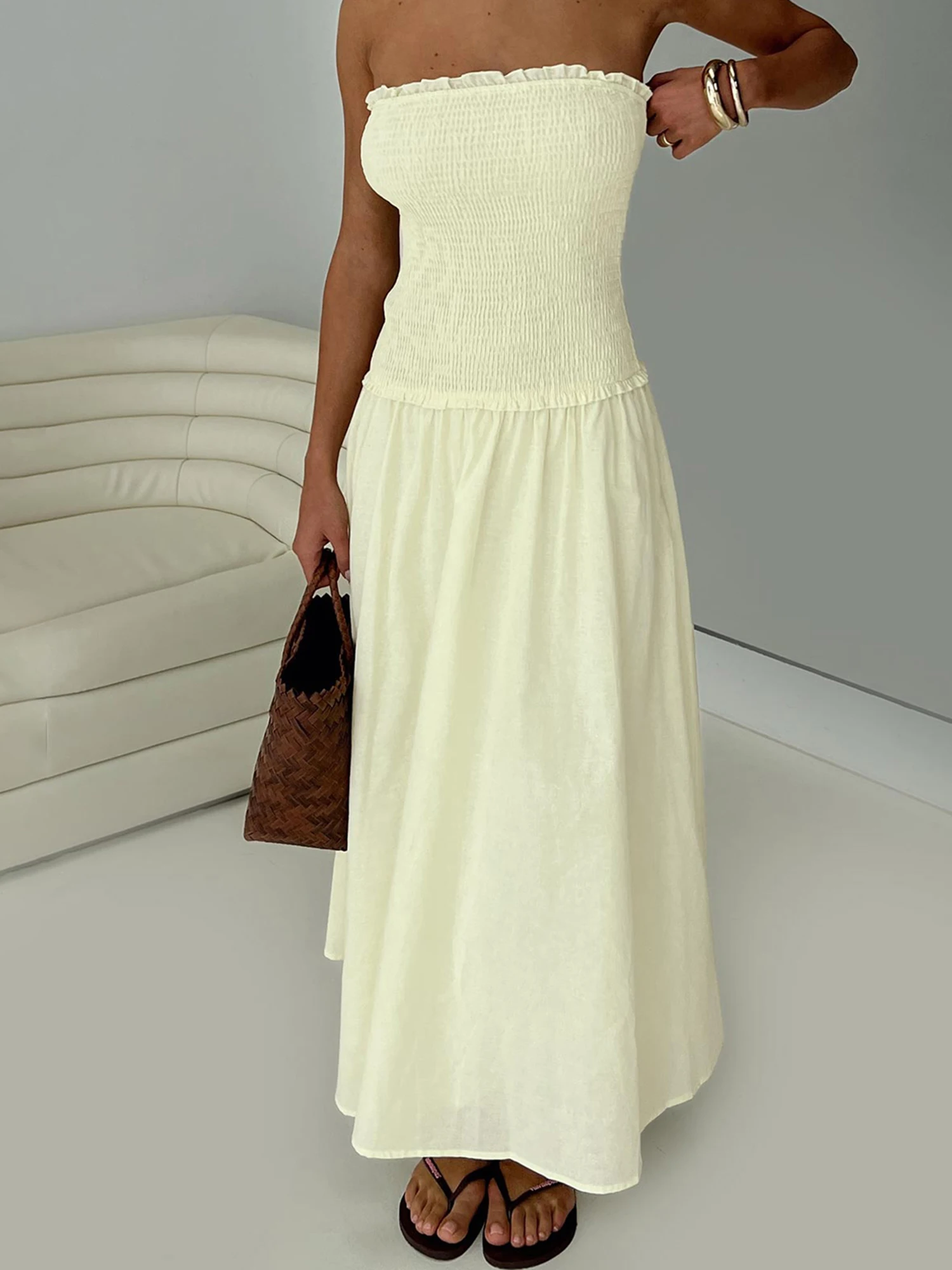 Elegant Off-Shoulder Maxi Dress with Flounce Detail and Smocked Bodice Perfect for Summer Events and Parties