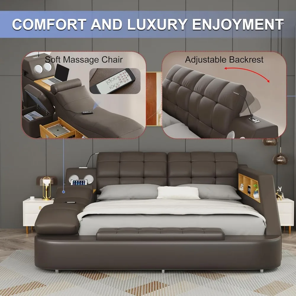 Luxury Smart King Bed Frame, Multifunction Bed Frame Upholstered Platform with Massage Recliner/Bluetooth Speaker/USB Charging 6