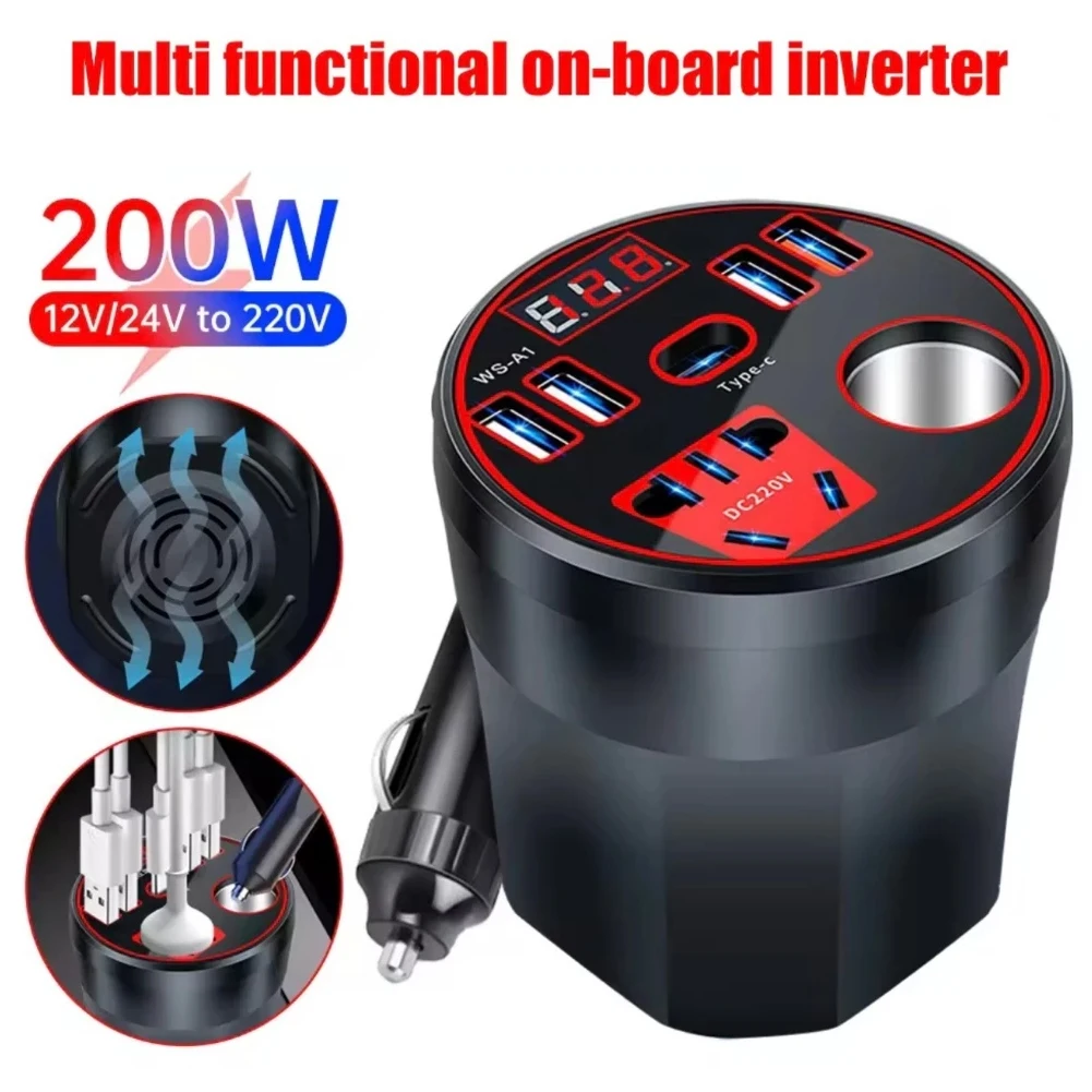 200W 자동차 전압 변환기 DC12V/24V에서 220V로 변환하는 자동차 시거잭 플러그 전압 변환기, 자동차 가전제품용 4개 USB 포트 및 1개 타입-C 포트 포함