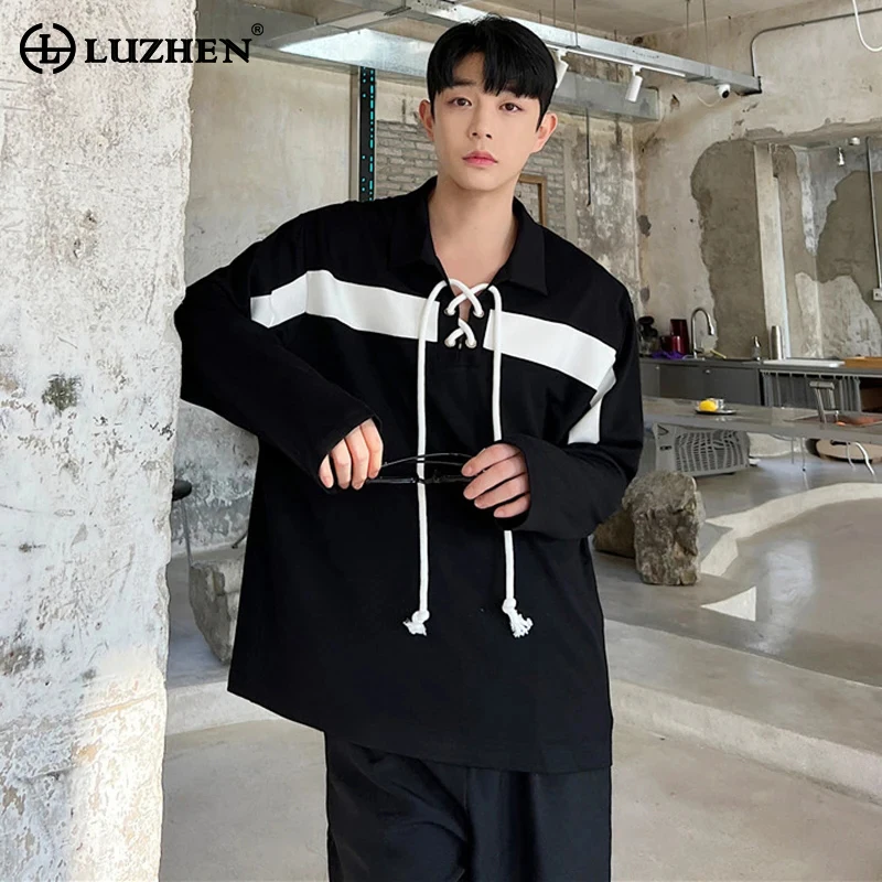 

Модная Толстовка LUZHEN, контрастный пуловер, трендовый цветной Топ с длинным рукавом для мужчин, Лоскутная веревочная декоративная Повседневная Свободная Толстовка Eacf39