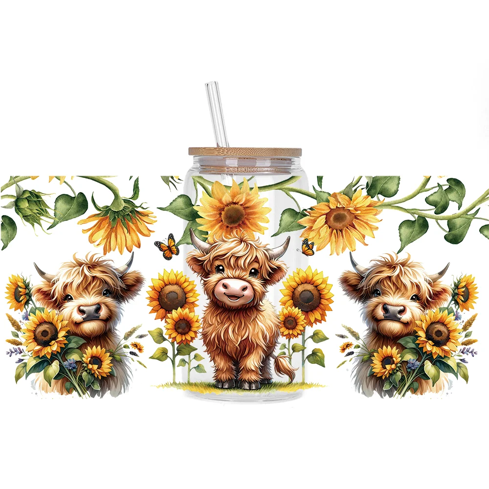 Highland cattle series Easy peel waterproof DIY Decals 3D transfers uvdtf crystal stickers 16oz uv dtf cup wraps for Glasses