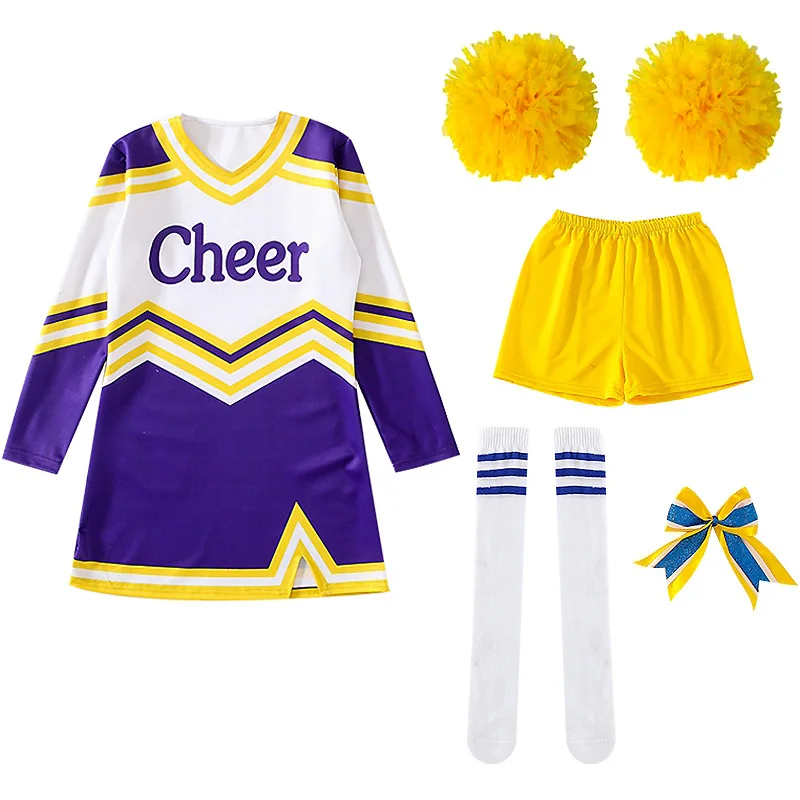 Girls Women Cosplay Costume Cheerleader Outfits V Neckline Letter Print Patchwork Style Dance Dress Cheerlead pompoms Socks