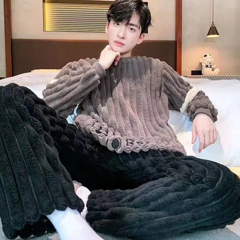 

Winter Thick Men Coral Fleece Pajamas Set Warm Flannel Sleepwear 2 Pcs/Lot Long-Sleeved Trousers Round Neck Nightwear Pyjamas