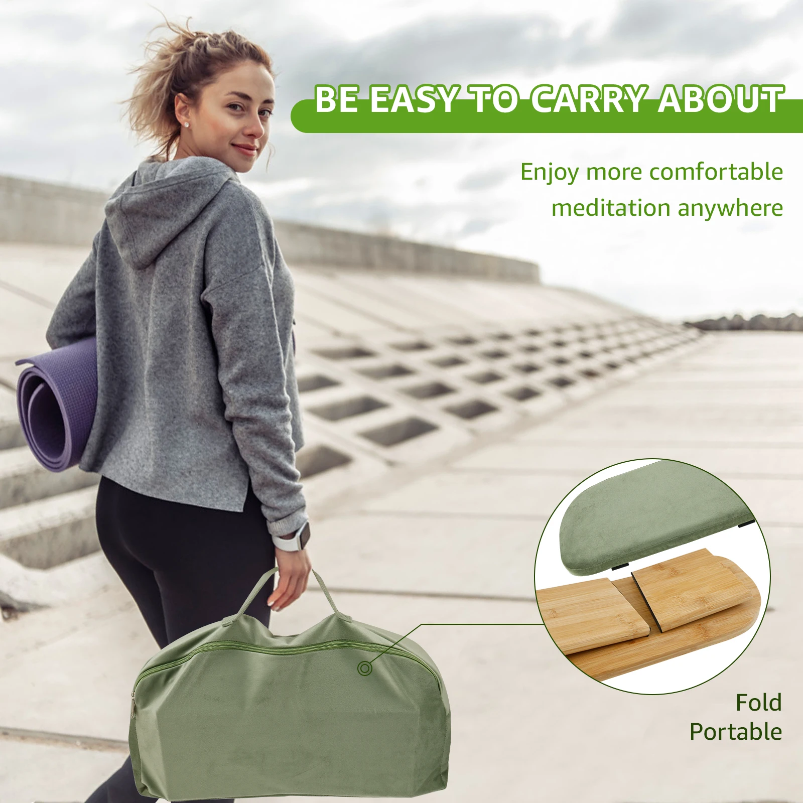 Portable Yoga Bench Folding Bamboo Kneeling Stool with Cotton Cushion Ergonomic Sitting Practice Prayer Bench Meditation Stool