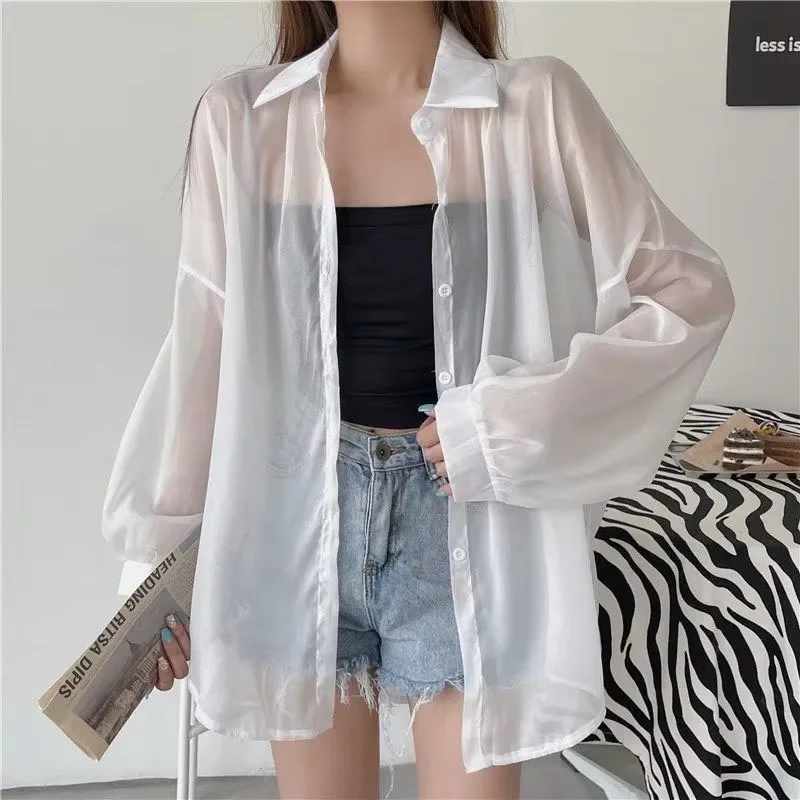 Women White Chiffon Long Sleeve Blouse Sun Protection