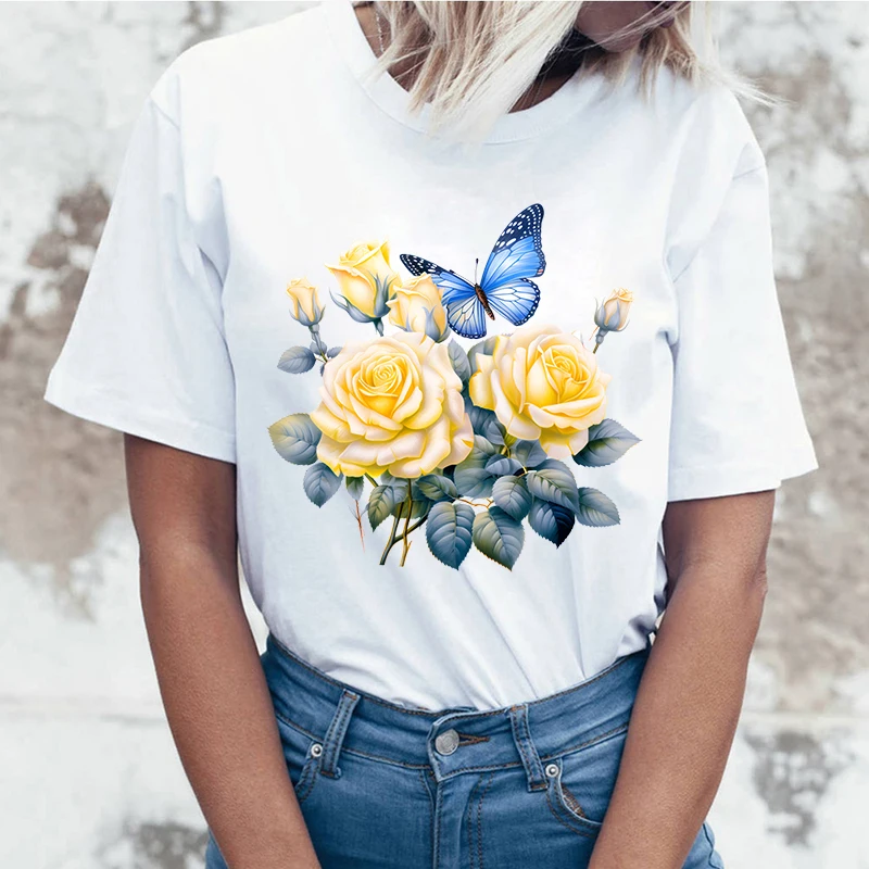 

(High quality T-shirts)New Funny Flowers Butterfly T Shirt Short Sleeve O Neck Summer Casual Letter Printing T-Shirt Top Tee