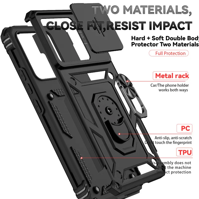 Durable Armor Protective Case with Slide Lens Cover and Ring Stand
