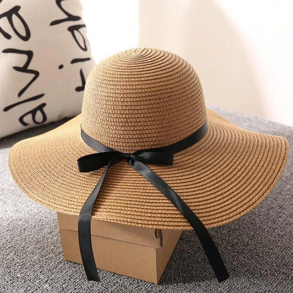Women's Straw Sun Hat Wide Brim Flat Beach Hat Summer Sun Protection Cowboy Style Hat Rolled Up