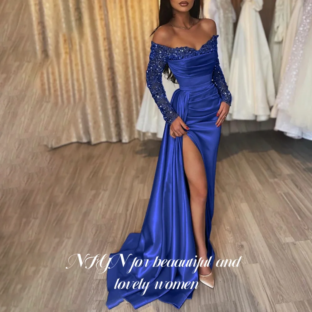 فستان NFYN لامع بأكمام طويلة للحفلات الذهبية بفتحة...