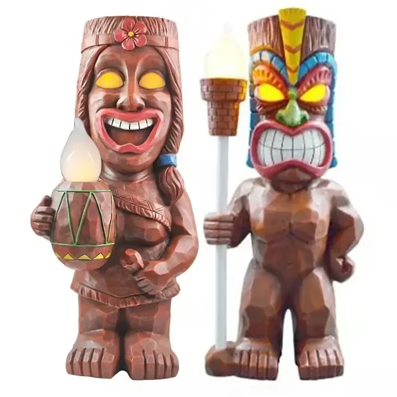 

Creative Solar Tiki Torch Statue Outdoor Home Decor Garden Statue Porch Crafts Patio LED Resin Hawaiian Totem Sculpture Ornament