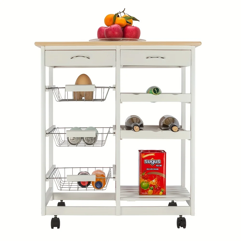 

1pc, White Dining Cart, Moveable Kitchen Cart With Two Drawers & Two Wine Racks & Three Baskets White Spa tray Straw tray Rollin