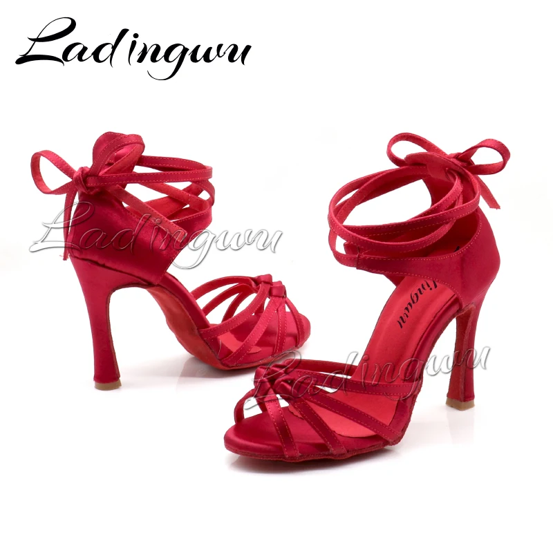 Ladingwu Burgundy Satin Latin Dance Shoes Puttee Four-band Knot Salsa Dance Shoes Ballroom Tango Dance Shoes 2