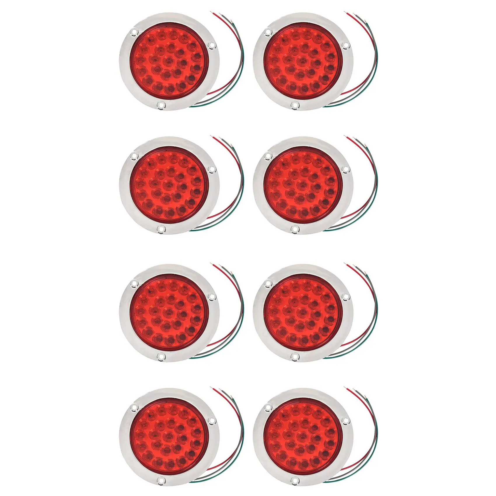 

8 Pack Round LED Trailer Tail Lights Red 24 LED Flange Mount Waterproof Chrome 4 Inch Brake Stop Turn Lights