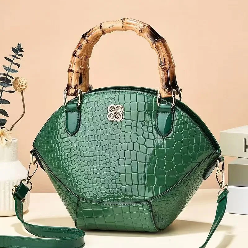 Vintage Handbag for Women Small Pu Leather Crocodile Pattern Fashion Bamboo Joint Hand Bags Ladies