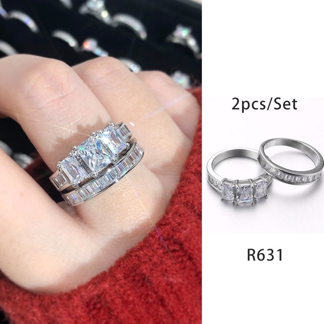 Luxury Diamond Promise Ring Set for Women Bridal Silver Color Big Zircon Proposal Marriage Wedding Cocktail Ring Jewelry