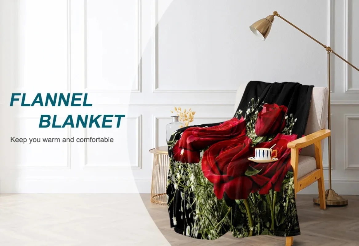 3d Print Blanket Babysbreath and Roses in Black Ground Throw Blanket Green and Red Floral Soft Fleece Blanket for Couch Bed 6