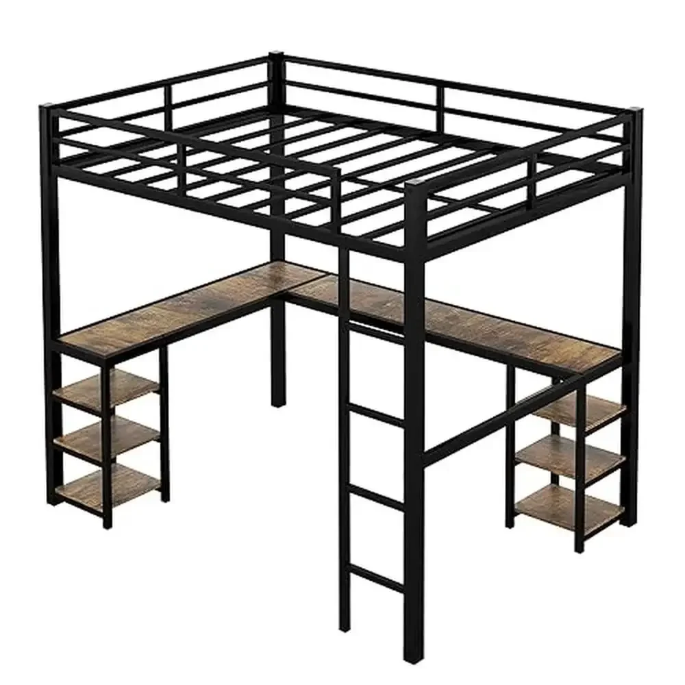 Full Size Loft Bed with Desk and Storage Shelves Industrial Style Heavy Duty Loft Bed Kids Teens Full Size L-Shaped Desk and 6 6