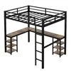 Full Size Loft Bed with Desk and Storage Shelves Industrial Style Heavy Duty Loft Bed Kids Teens Full Size L-Shaped Desk and 6 6