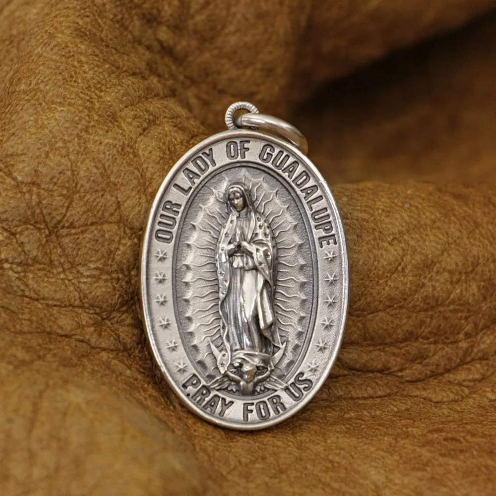 LINSION 925 Sterling Silver Our Lady of Guadalupe Pendant Virgin Mary TA340