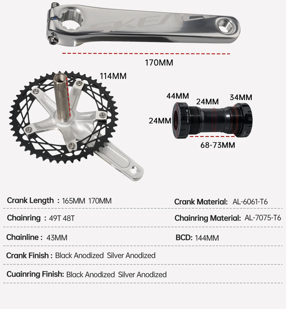 SKEACE Fixed-Gear-Kurbelgarnitur 165mm Integriert 144 BCD Hollowtech Kurbel Ultraleicht Aluminiumlegierung Single Speed 49T Track-Bike-Teile – Detail 3