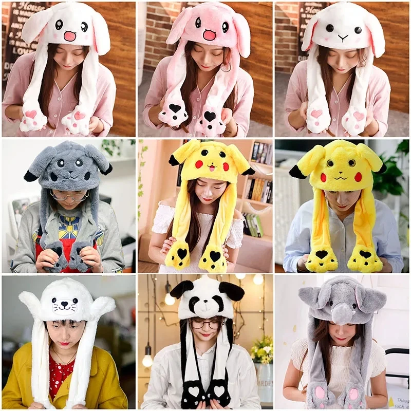 Plush Toys Cute Bunny Ears Hat Moving Pikachu Rabbit Soft Jumping Up Cap Funny Girls Cartoon Kawaii Gift for Adult Kids