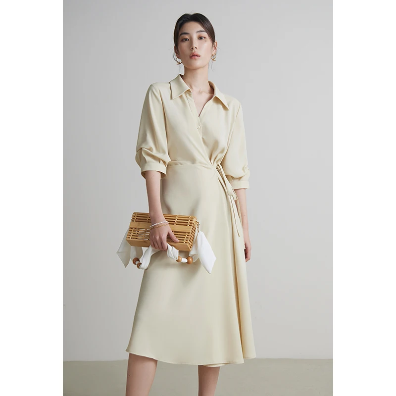 DUSHU 【2 Colors】Women Wrap Design Turn-down Collar Temperament Drape Dress Summer Half Sleeve Black Long A-LINE Dress 24DS82102 DUSHU 【2 Colors】Women Wrap Design Turn-down Collar Temperament Drape Dress Summer Half Sleeve Black Long A-LINE Dress 24DS82102