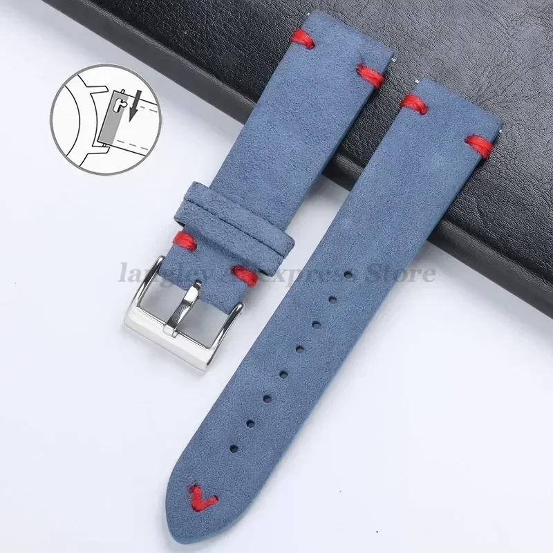Vintage Handmade Suede Leather Watch Strap with Stitching Details, Available in Multiple Widths