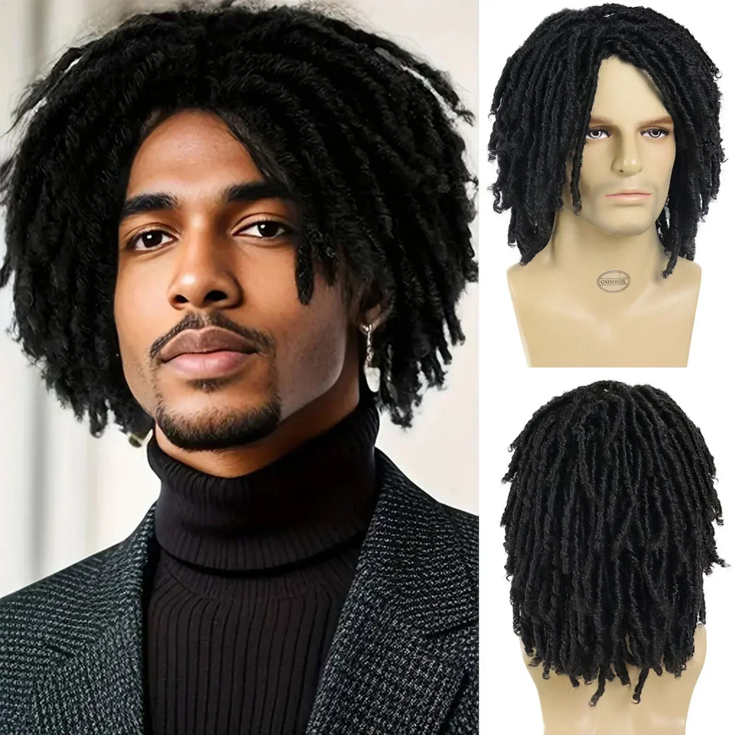 Synthetic Big Curly Wigs for Men Black Mixed Brown African Elastic Curls Hair Short Afro Wig Daily Breathable Man Wig Braided
