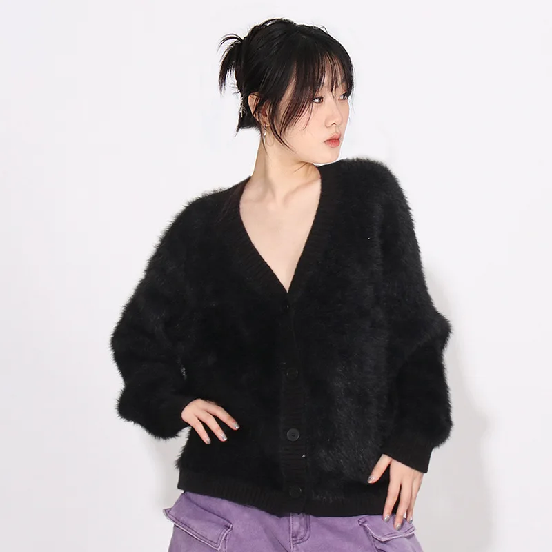 

Korean Lazy Style V-Neck Mink Fur Jacket 2024 Spring New Fashionable Loose And Slimming Casual Sweater For Women