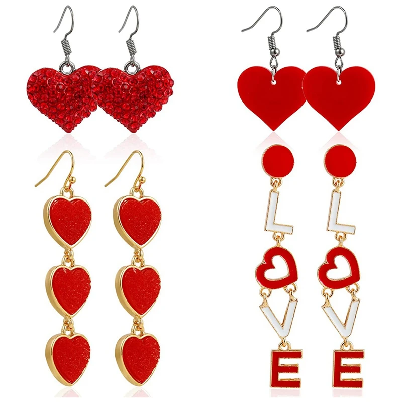 4 Pairs Of Love Earrings Red Hearts Valentine's Day Accessories